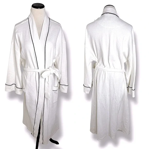 Nordstrom Unisex White Waffle Knit Robe with Black Trim size Med Lrg - Picture 2 of 3